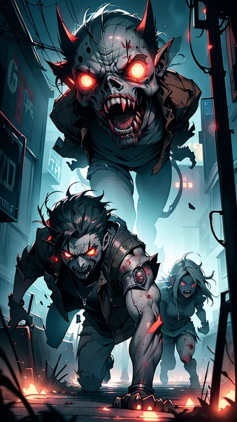 “A dark and foggy city street at night, with a group of survivors fleeing from a monstrous, mutated zombie. The zombie is grotesque, with elongated limbs, twisted muscles, and glowing eyes. Its skin is partially mechanical, with exposed wires and metal pla...