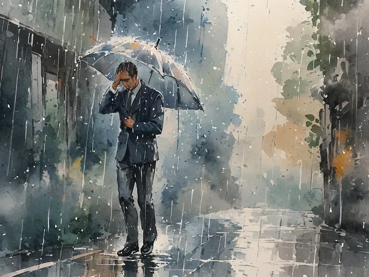  watercolor painting of a man wearing a suit in the rain.  full body photo of a man drenched in rain .  tilts his head up to face the rain,  rainwater flows down his face . he is walking on the street ,  extending his hands to feel the rain .  brushstrokes...