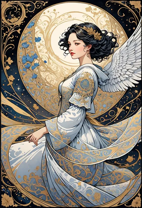 masterpiece, beautiful illustration, tarot card illustration, ink, twirls, angel, wings