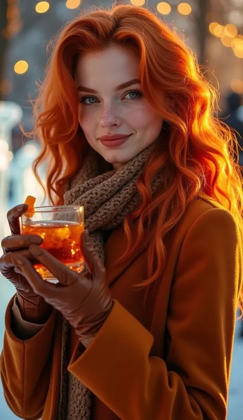 Old Fashioned
Prompt:
A stunning red-haired woman with fiery curls cascading down her back. Her pale, freckled skin glows under soft evening light. She wears a burnt orange winter coat with leather gloves and a matching scarf. The background is a luxurious...