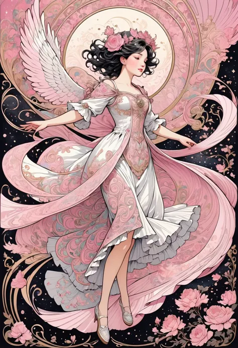 masterpiece, beautiful illustration, tarot card illustration, ink, twirls, angel, wings, pink