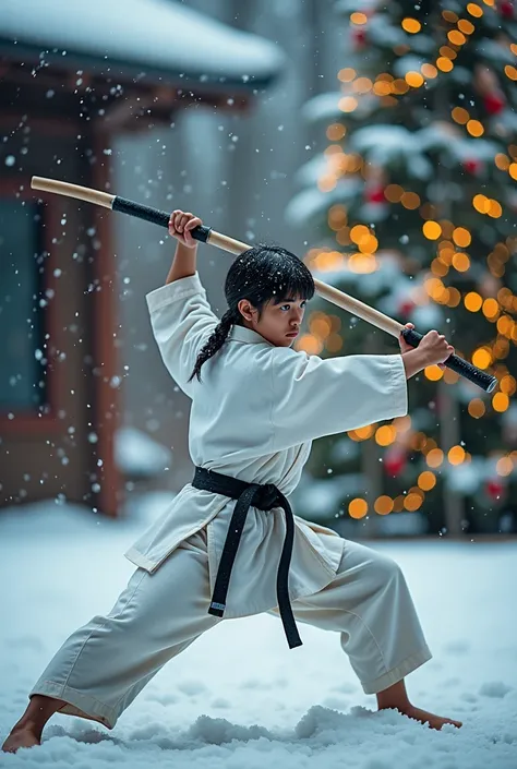 Karate with weapons ,  Bo Sai Tonfa Kamma  ,  with snow and Christmas tree,  with Merry Christmas  