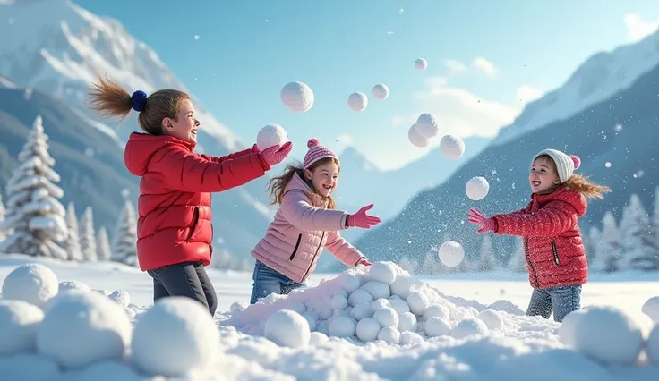 A group of 3 young adult girls throwing snowballs at each other in a snowy landscape, with a large pile of snowballs next to them, (best quality, 4k, 8k, highres, masterpiece:1.2), ultra-detailed, (realistic, photo-realistic, photo-realistic:1.), HDR, UHD,...