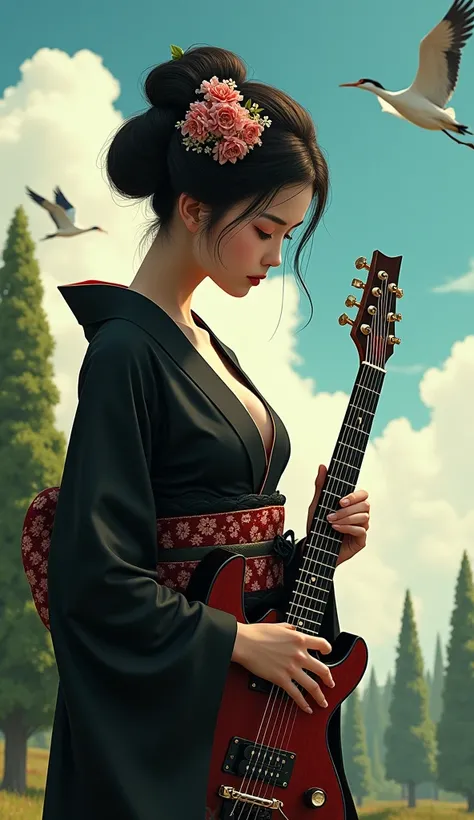  Realistic Pictures, A beautiful geisha with a shamisen,  creates an enchanting atmosphere by wearing a black kimono with a cherry blossom tattoo , Lush green trees below , Deep neck, Enhancing her sensual presence. on the other hand、鶴teeth背景で優雅に飛んでいます . 空...