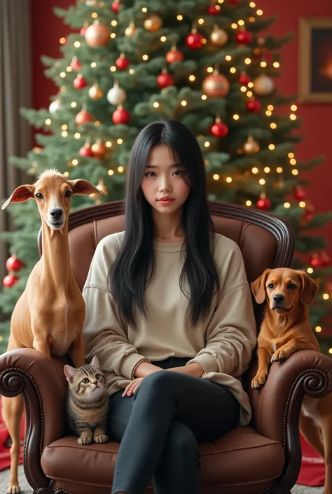 20 year old Asian girl front look, long straight, black hair. She is wearing modern casual clothes. The girl is sitting in an elegant and sophisticated armchair. The background is a beautiful Christmas tree decorated with Christmas decorations such as many...