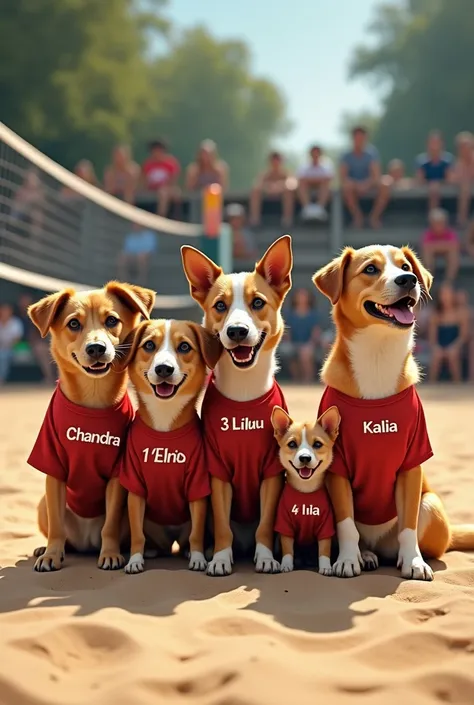 Make a Funny image of six dogs volleyball players who names are clearly mentioned  in their chests  and heads as 1-Chandra, 2- Nila,3- lulu panda,4-Bulu , 5-Kalia, 6-Vickie they are the losers volleyball players of Kullada team in the background a volleyba...