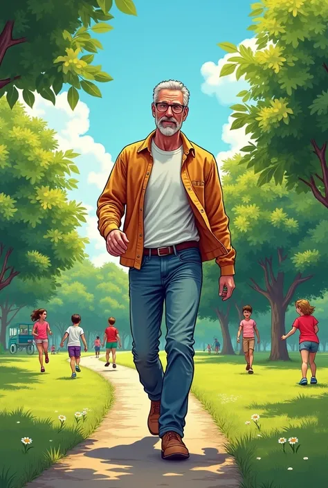 "Bright outdoor scene of a man walking confidently through a park, visibly healthier and clean. ren play in the background, and the sky is clear and sunny. The atmosphere conveys hope and renewal. Retro comic style artwork, highly detailed."