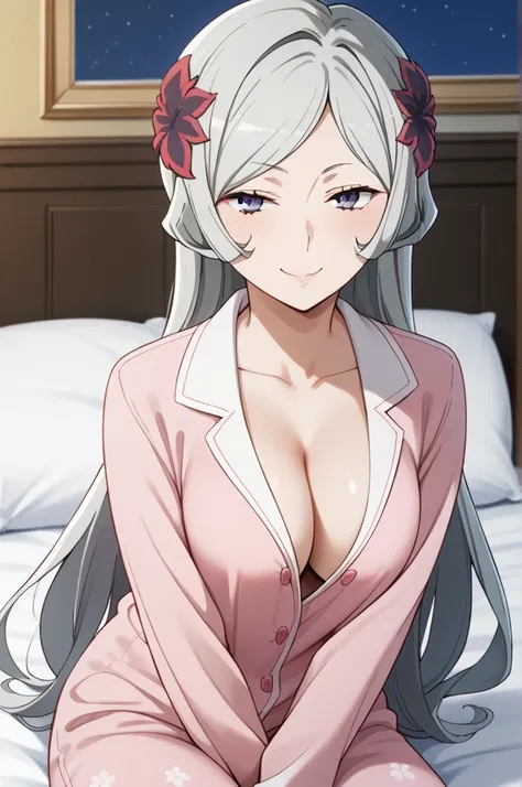 masterpiece,best quality,{{detailed beautiful face and eyes}}, 
Freya,{{{megami magazine}}},long hair,grey hair,parted bangs,hair ornament,purple eyes,large breasts,
((pink pajamas)),
1girl,cleavage,{{{{{is smirk,close mouth}}}}},
((on bed,hand between leg...