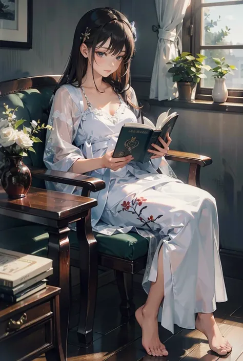 In an elegant home、 wearing embroidered silk nightgown、 Japanese woman quietly enjoying reading。