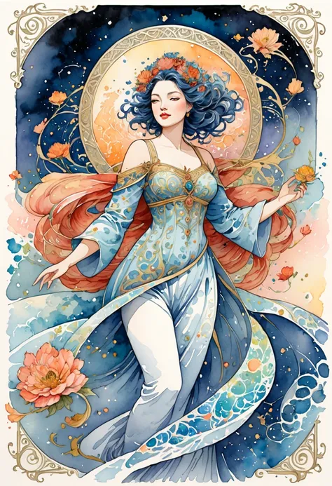 masterpiece, beautiful illustration, tarot card illustration, ink, twirls, goddess, watercolor