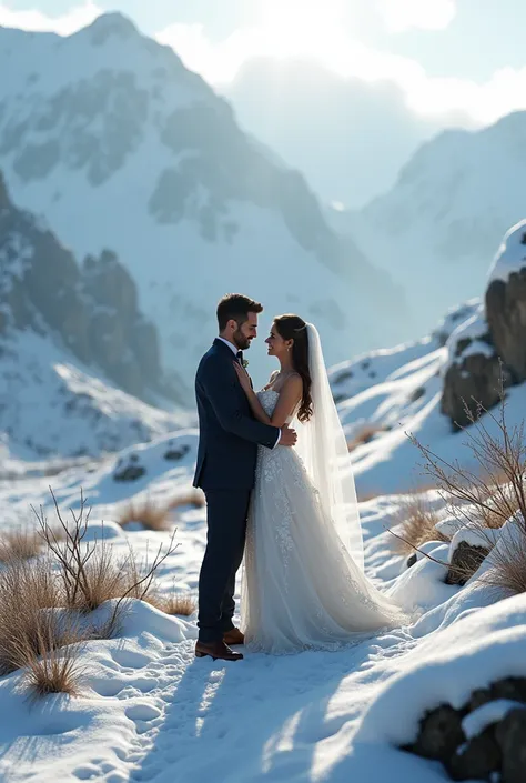 Wedding couple in snow in harsh bosnian hills