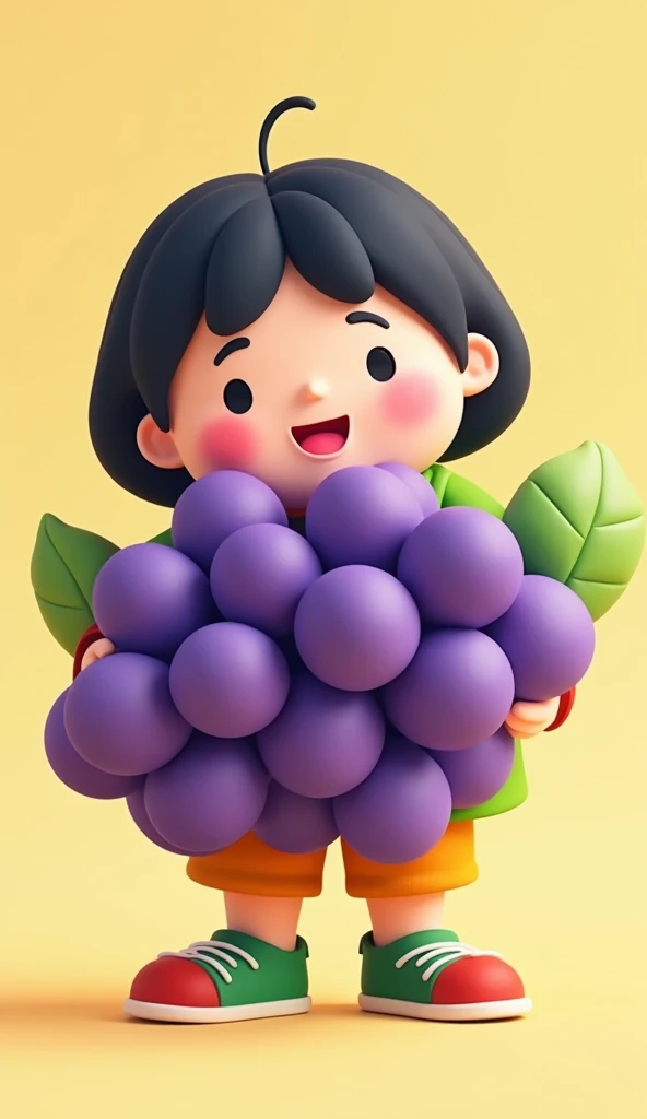 A cute cartoon-style  with a cheerful expression, wearing a green and orange outfit, holding or decorated with a large bunch of purple grapes in front of them. The background is a soft pastel yellow, adding a playful and vibrant atmosphere. The  has a roun...