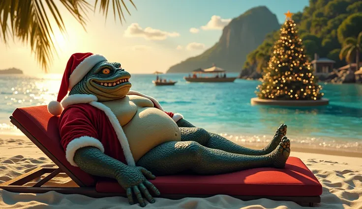 scary fat jabba in a Christmas costume lies on sun loungers with 2 realistic dragon-skin girls with big breasts,in a latex bikini .  Against the background of paradise islands , ocean, The sun is shining, , there is a small space station in the water decor...