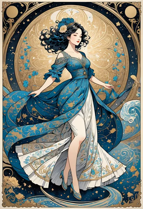 masterpiece, beautiful illustration, tarot card illustration, ink, twirls, goddess, dress, full body