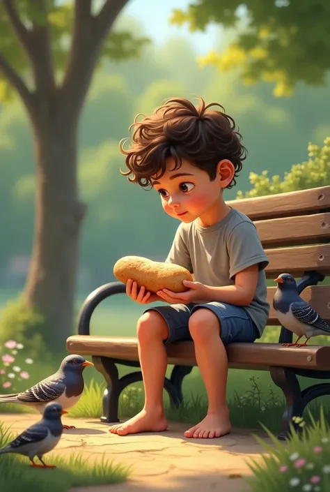 prompt a little  boy sitting on a park bench holding a loaf of bread with curls,wear an ash ash short t-shirt ,wear blue shorts without shoes 