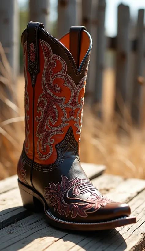 "An elegant cowboy boot with intricate stitching and bold textured patterns is placed on a rustic wooden surface, bathed in soft, natural light. A subtle shadow falls across the surface, adding depth and dimension to the scene. In the background, out of fo...