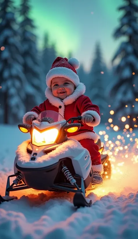 A Nordic baby dressed in a Santa Claus outfit, riding a snowmobile brilliantly decorated with glowing Christmas lights. The baby, approximately one year old, flashes a cheerful smile, their eyes sparkling with delight as they grip the snowmobile’s handleba...