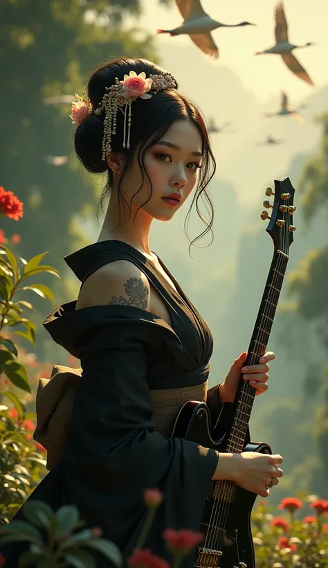  Realistic Pictures, Beautiful Geisha, A majestic atmosphere surrounds this enchanting scene{x}She exudes a seductive atmosphere as she wears a black kimono with a cherry blossom tattoo , Lush green trees below , Deep neck, Enhancing her sensual presence. ...