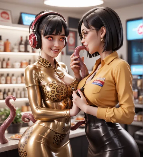 Mother and young daughter in extremely tight shiny golden latex polo shirt with long tight skirt, corset,  pot-cut black hair  , saliva, salivafluss, Spiral eyes, salivaspur, Lens reflection,   reflective light  ,   high resolution ,   masterpiece,   are i...