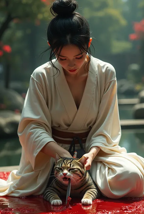 Hight quality, realistic, very beautiful woman japanese, woman kimono, woman cut throat cat by knife,cat lying down, woman slices cat neck, woman slaughters a cat, Blood was flowing profusely down the cat neck and the girl continued to cut the bear neck