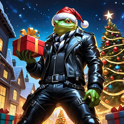 Closeup, An extremely badass light blue and white bullfrog wearing an insanely cool black leather biker jacket open, Santa hat, black shirt, black leather biker gloves, black leather biker pants, black striped scarf, holding the gifts, dynamic pose, giving...