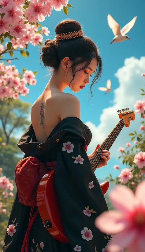  Realistic Pictures,  sense , A majestic atmosphere surrounds this enchanting scene{x}She exudes a seductive atmosphere as she wears a black kimono with a cherry blossom tattoo , Lush green trees below , Deep neck, Enhancing her sensual presence. on the ot...