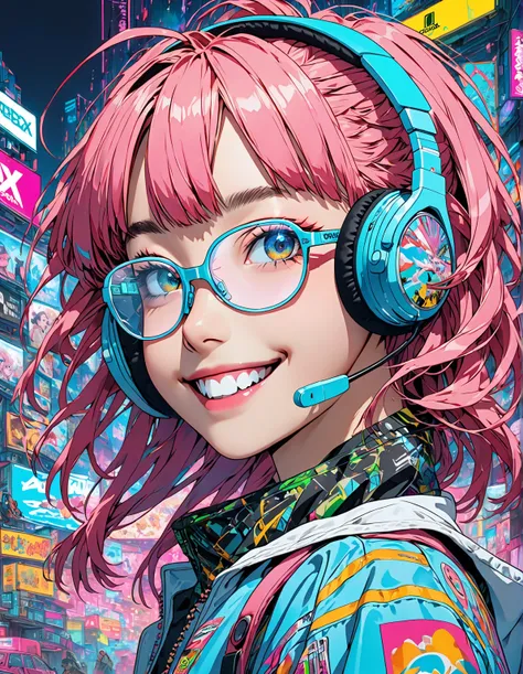  top quality , masterpiece,  extremely detailed,   detailed background,  One girl ,  young girl,  Pink Hair、 long hair、blunt bangs、 pop art 、(((XBOX HEADSET)))、light blue frame glasses、smile、Show your teeth、 cyberpunk、 ANIME STYLE、(((Yumekawa color)))