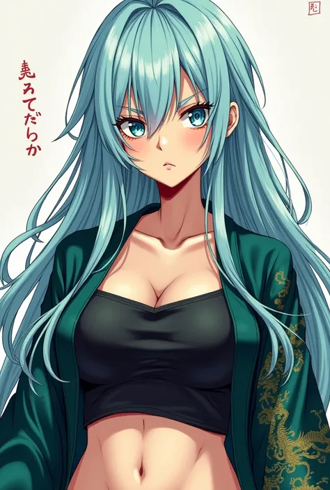 A manga character ,  20-year-old woman ,  of long light blue hair,  with a penetrating look , And the expression debochad ,   wearing a dark green kimono , And with a short black shirt underneath,  with dragon designs on the fabric,  and showing the abdome...