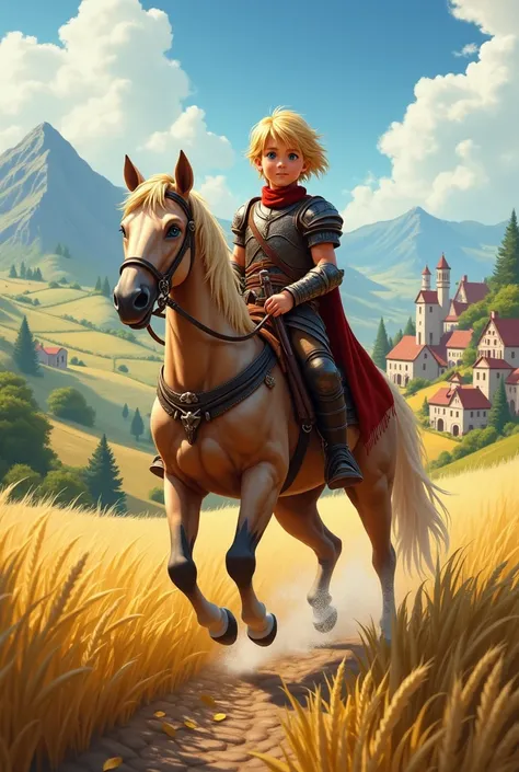 A blonde warrior boy riding on a horse but let the background be profitable and realistic so be a very realistic visual 