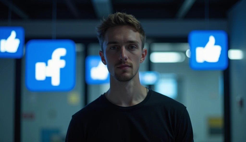 A twenty-five-year-old man stands in a space with some Facebook buttons and Facebook objects in the background and in front.  The background color is slightly black and has some lights in it.