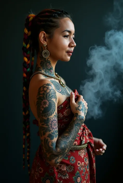 Arafed stunning matured Malay woman wearing batik sarung. Seductive sensual intimate pose. Creates a tattoo on a womans left and right arm, a large peony climbing up the neck and never, descending a wayang kulit tattoo in large black work along with a drag...