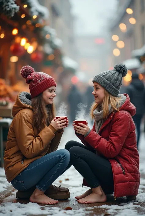 Realistic photo, two white teenage girls and their 30-yo female teacher drinking hot tea on winter market, all barefoot, no shoes, no boots