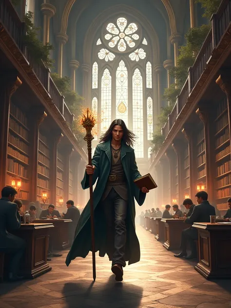 Create a young, tall, long-haired, black elite wizard walking the corridors of a magical library , with some people sitting at some tables reading ,  with that elite wizard walking down the main corridor while holding his staff in one hand and a book in th...