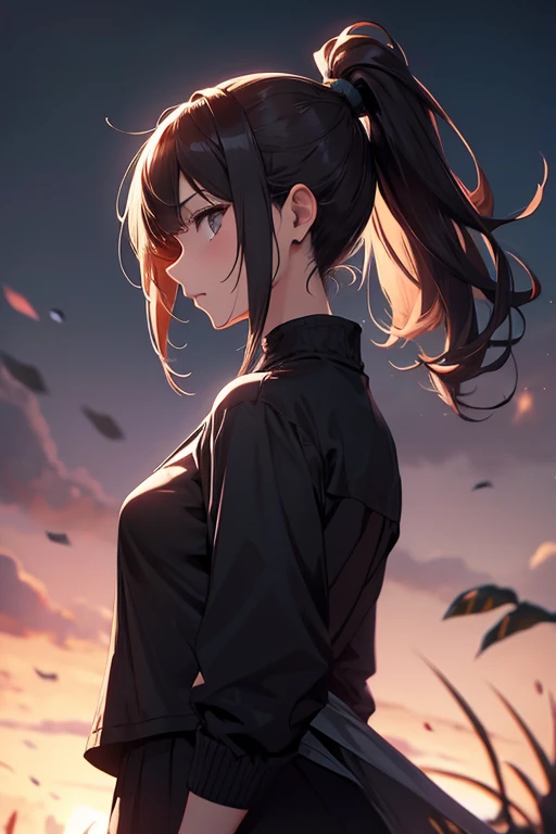  dark background, Modest clothes ,  The heroine with ponytail hair