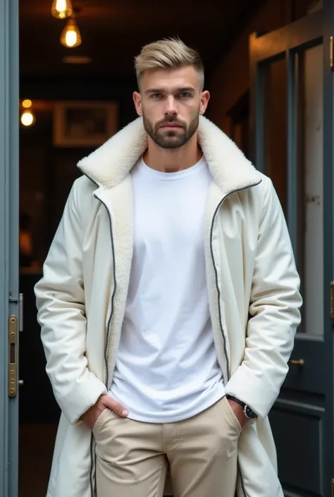  create the image of a 21-year-old man , theo james, high, strong body, Cut hair Buzz Cut,  short beard with a short beard on the blonde side ,  square face , white light skin,  Blue Eyes,  strong and muscular , dynamic pose style, Relaxed,  wearing a whit...