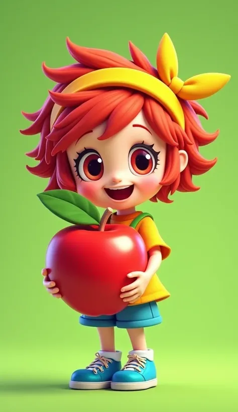 A cute animated girl with short red hair wearing a yellow headband, a colorful outfit, and blue shoes. She is holding a large, shiny red apple with a green leaf. The background is a solid, bright green color, giving a playful and cheerful vibe. The charact...