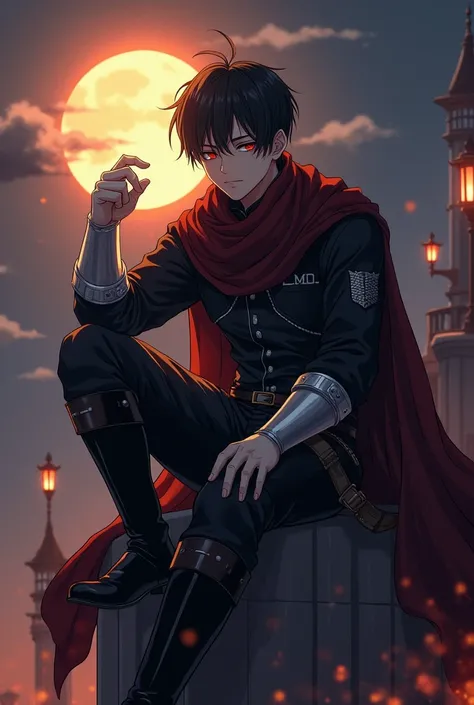 Anime Seinen , 26 year old guy , Anime Seinen colored, anime lighting and shading , Attack on Titan character art design face, Eropean Black haircut short silky wearing Renaissance leather black shirt with metal on it , Anime black trousers , Anime metal g...