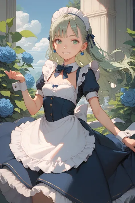 ((best quality)), ((masterpiece)), (detail), 1 girl, 18 yo, silver long hair, straight, light green eyes, small breasts, slim, smile, maid costume, dynamic pose, cowboy shot