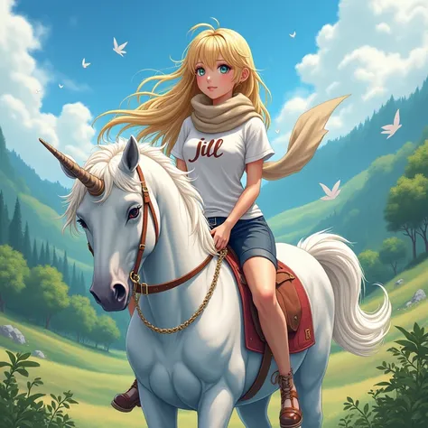 Anime style a beautiful blonde woman riding a unicorn wearing a scarf that says JILL on her shirt