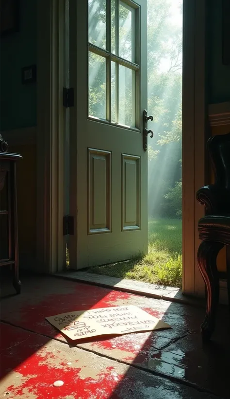 A hyper-realistic morning scene with a bright light streaming through a cracked door. A new note rests on the doorstep with the chilling words "Next player needed," written in blood-red ink.






