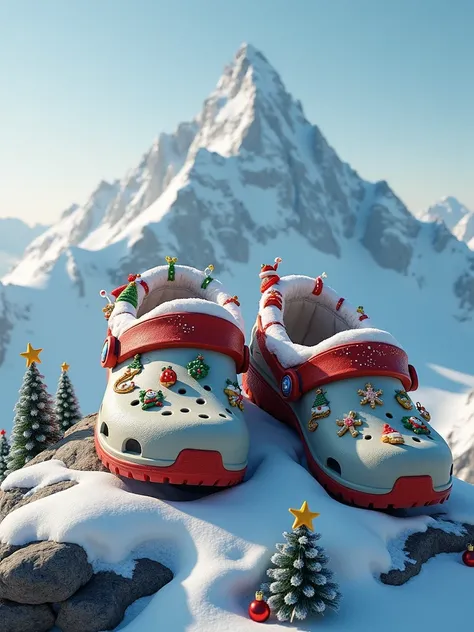 Large Crocs shoes with charms pvc on a mountain of snow in a realistic and authentic way with a Christmas atmosphere