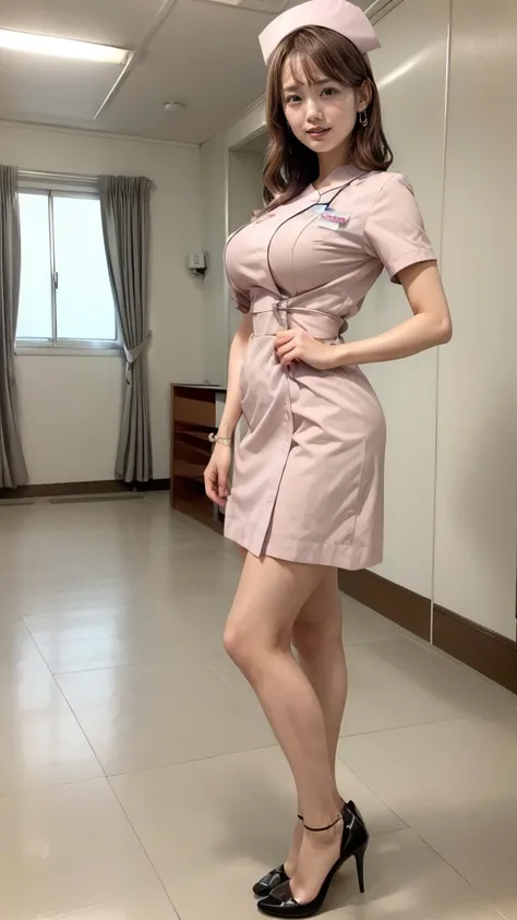 a beautiful young 24-year-old Japanese woman, beautiful, detailed anatomy, beautiful skin, random hair color and hairstyle, big breasts, nurse hat, (nurse uniform:1.3), nurse cap, (she is standing:1.2), full body shot, high heels, hospital, (best quality,8...