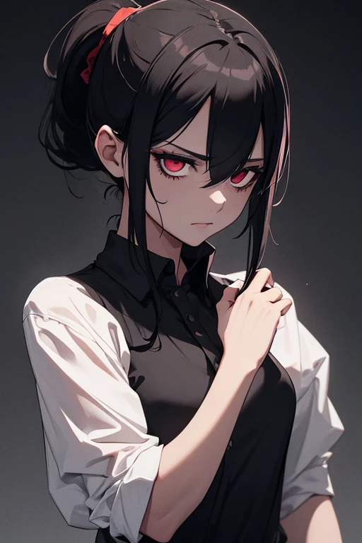  dark background, bloody black shirt ,  female zombie with black ponytail hair