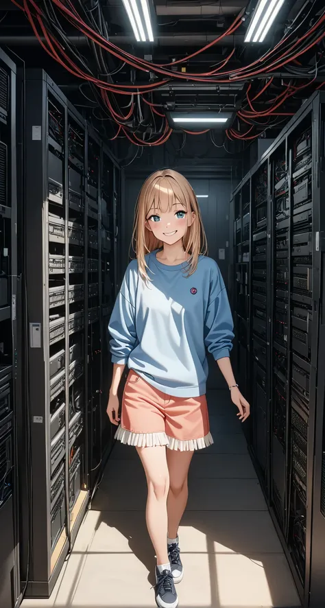 ( full body :1) Young girl,  Smart Casual,  HACKERS SERVER ROOM,  detailed face , (( cool expression)), (Straight, short, thin fringed hair:1.2),  super detailed pictures, ( photorealistic), ( complicated details:1),(masterpiece :1), ( top quality :1), 超 h...