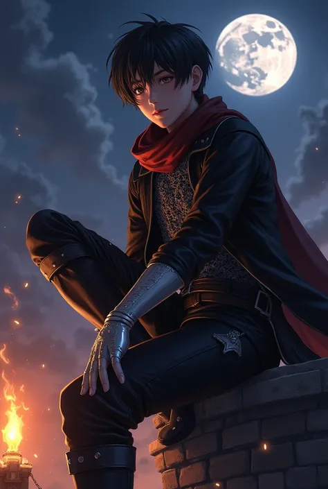 Megumi Fushiguro , Eren Jeager ,Anime Seinen, 26 year old guy , Anime Seinen colored, anime lighting and shading , Attack on Titan character art design face, Eropean Black haircut short silky wearing Renaissance leather black shirt with metal on it , Anime...