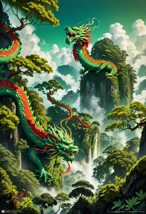 (The main subject: wide wide shot), The flame  green, [Multicolored,(Chinese dragon anthropomorphism)], safe,dramatic clouds,(Go deep into the rainforest), Rich details​, (Wide sky), (sense of vastness),Energy and vitality, Complicated details.(Best qualit...