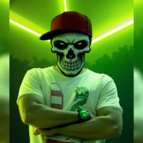 arafed man in a white shirt and a red hat with a green light behind him, skull on the screen, spooky filter, profile pic, glowing red skull, profile picture 1024px, twitch streamer / gamer ludwig, avatar image, background artwork, scary style, skullish, ( ...