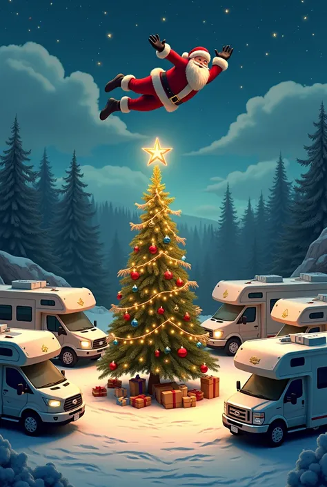  I need a Christmas card , in a motorhome area ,  with a Christmas tree surrounded by motorhomes and Santa Claus flying over the area