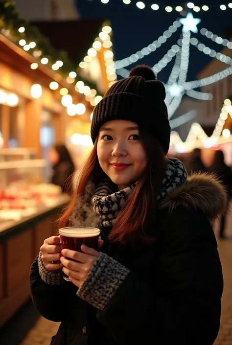 A photo of a beautiful korean woman chubby, standing on a German Christmas market at night. She is wearing a black knitted hat and a patterned scarf, giving her a touch of winter warmth. She is holding a steaming cup that contains a delicious hot mulled wi...