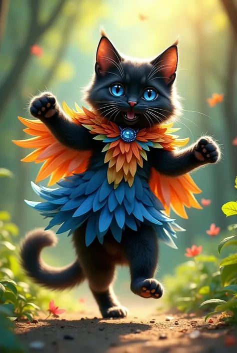 An image of a blue-eyed black  dressed as a bird dancing merrily and happily 